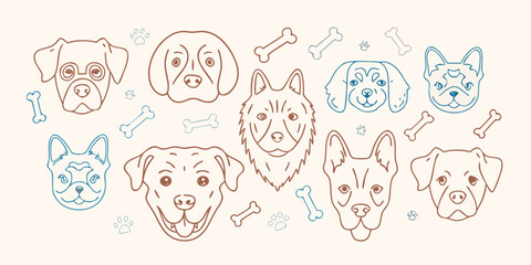Line drawing of various dog breeds with bones and paw prints on a beige background © Dayal