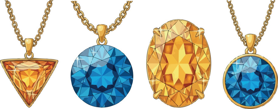 Luxury gemstone pendant necklace collection with blue and golden crystal jewels isolated background vector illustration design