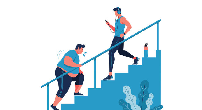 Comparison between a fit athlete running up stairs and an overweight man struggling with physical exercise on a blue staircase background.