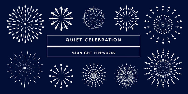 Fireworks display collection white silhouettes on dark blue background celebratory graphic design high quality professional