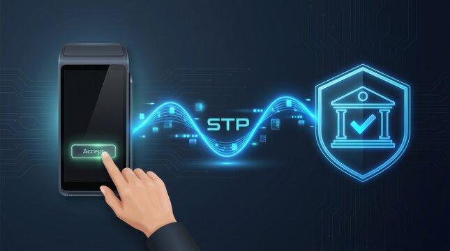 Digital payment hand touching smartphone screen with glowing stp financial security shield and banking icon on dark background