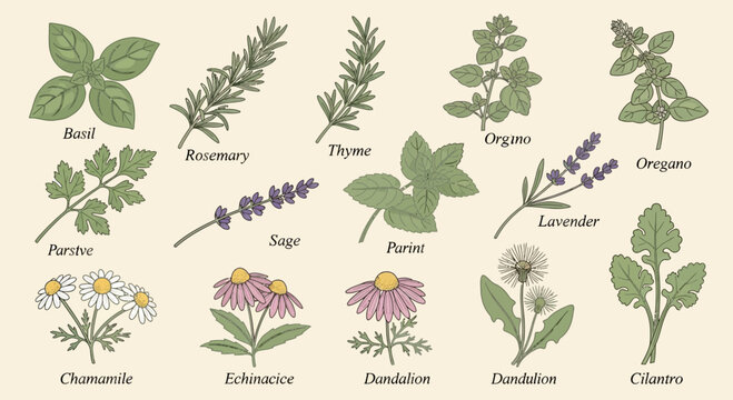 Illustrated culinary herbs and flowers collection for culinary and botanical use