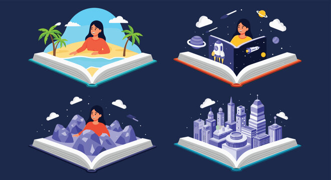 Creative illustration of four open books showcasing imaginative worlds like a tropical beach, outer space, rocky mountains, and a city.