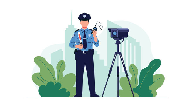 Traffic police officer in uniform standing next to a professional speed camera while using a walkie-talkie in a city environment.