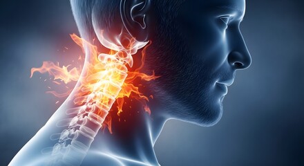 Obraz premium Severe neck pain and cervical spine inflammation. Chronic ache and burnout concept. Human profile with glowing fire effect on vertebrae representing intense burning sensation