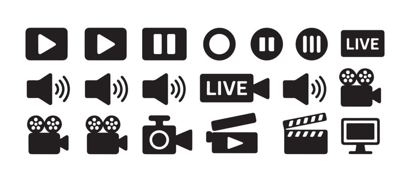 Video production icons set including movie camera film clapperboard sound volume and live streaming.
