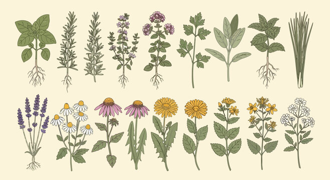 Illustrated herbs and flowers set for culinary medicinal or decorative purposes