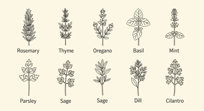 Illustrated herbs rosemary thyme oregano basil mint parsley sage dill cilantro
