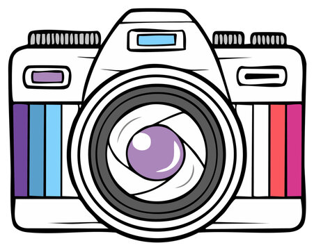 Modern Digital Camera with Colorful Lens Stripes and Iris Aperture Symbolizing Photography