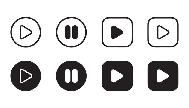 Play and pause buttons vector collection outline and solid style video audio player interface.