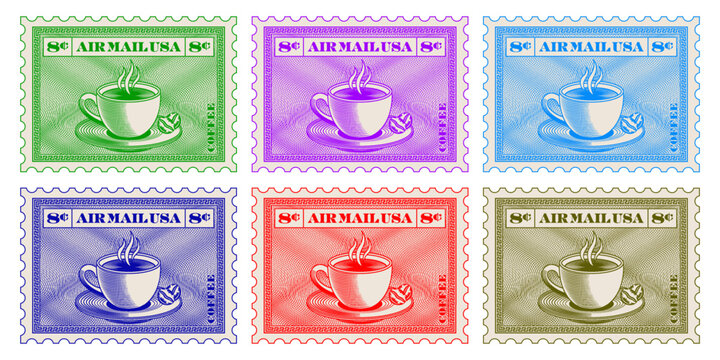 Vector color set of vintage US postage stamps, 8 cents denomination. Engraved and mesh. 3D coffee cup and beans. Air Mail USA. Mug. Delicious invigorating drink. Isolated background