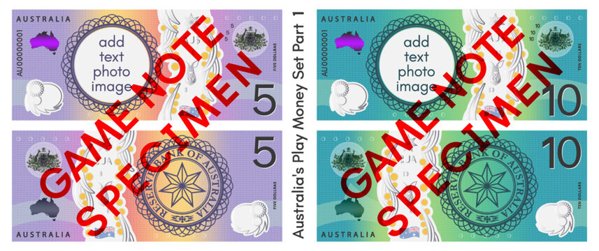 Vector set play money. Australia. Obverse and reverse of 5 and 10 Australian dollar banknote. Five and ten dollars. Seal with star. Empty circle, add text or image. Part 1