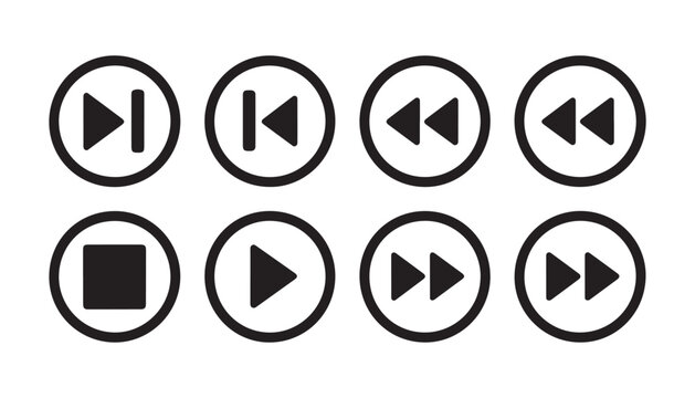 Collection of music and video player control icons play pause stop rewind fast forward and skip symbols.