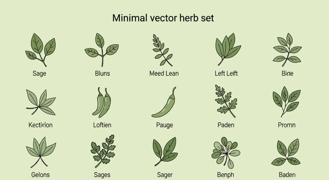 Minimal vector herb set illustrations featuring various leafy green plants