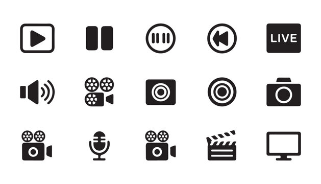 Multimedia icons play pause stop rewind live video camera sound and other media related symbols.