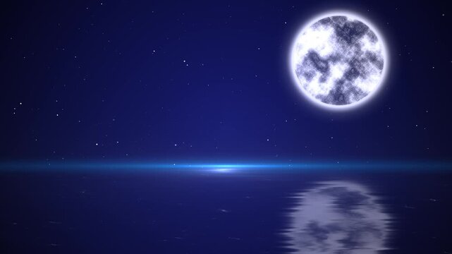 Full moon night ocean glowing lunar light, starry sky, blue horizon, soft reflection on water. calm videos, nature intros, fantasy scenes, meditation visuals, romantic titles, and cinematic overlays.