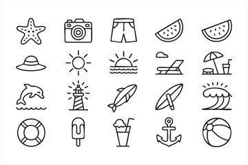 Beach travel and summer holiday icon set featuring sun wave surfboard dolphin lighthouse umbrella and tropical elements © Icon Nest