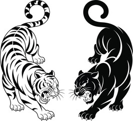 Engraving style tiger and panther illustration featuring detailed wildlife portraits for vintage tattoo art, animal branding, and classic engraving design visuals. © MASUD MONY