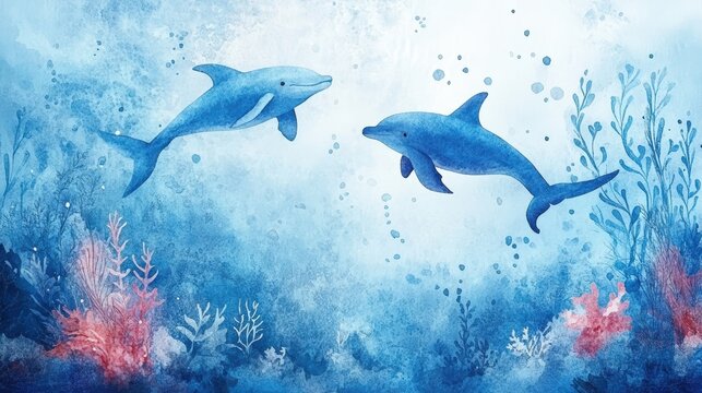 Underwater sea creatures rendered in flowing watercolor technique with marine blue palette creating dreamy aquatic artwork with soft transparent effects and oceanic atmosphere