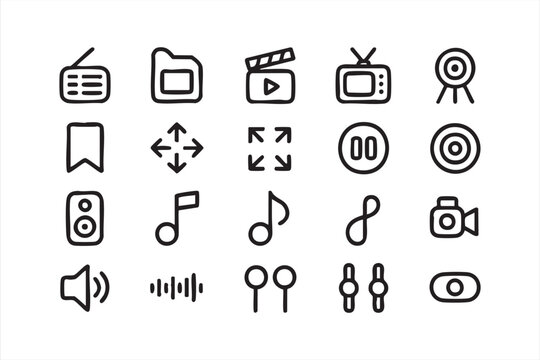 Audio and video media player icon set featuring UI controls play button camera tv radio and sound waveform elements