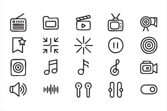 Multimedia interface icons with audio video player controls play camera tv radio sound and streaming UI elements