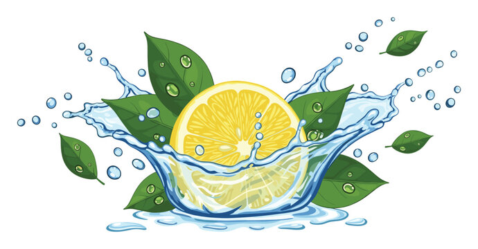 Refreshing yellow lemon half with green leaves and cool water splash for beverage promotions