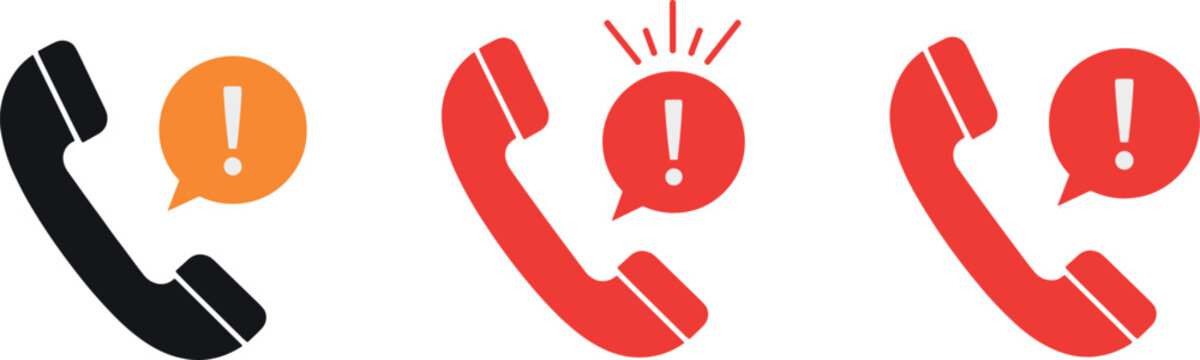 Emergency phone call vector icon set, handset symbols with alert notification bubbles for hotline, support, warning, and communication design