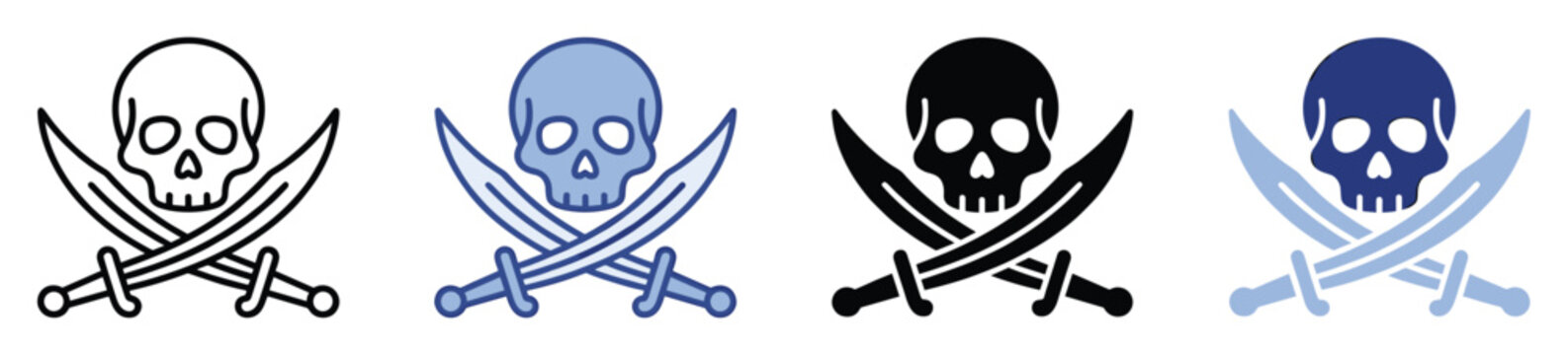 Classic pirate skull with crossed swords icon for Halloween, nautical, and danger themed media.