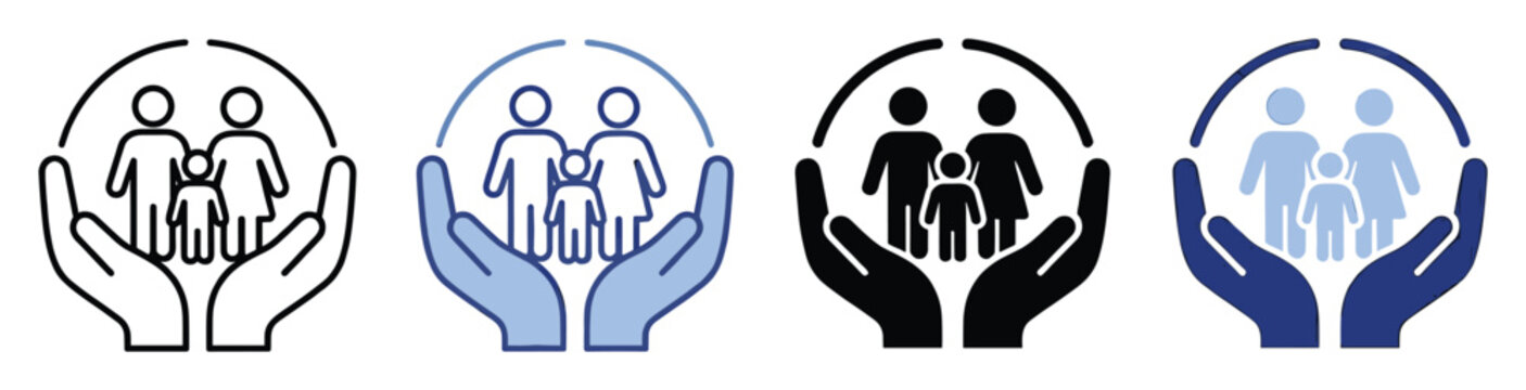 Hands protecting a family icon illustrating care and security for insurance or social services campaigns