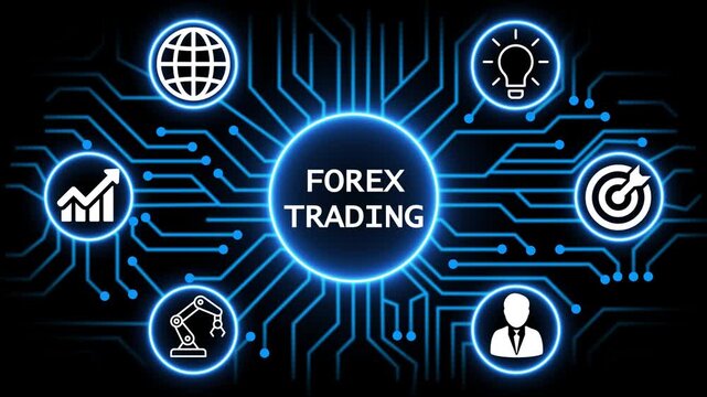 forex trading concept with circuit lines and digital symbols hovering above a businessman, technology. manufacturing process management all connected in a digital circle like pattern.