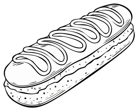 Hand drawn eclair pastry with cream filling and decorative icing line art illustration