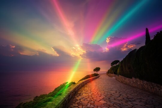 Vibrant double rainbow over coastal path at sunset with dramatic clouds and soft lighting