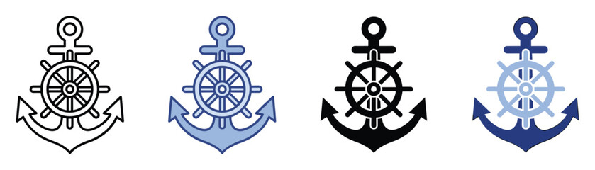 Obraz premium Nautical anchor and ship wheel icon set for maritime businesses and travel adventure graphic projects