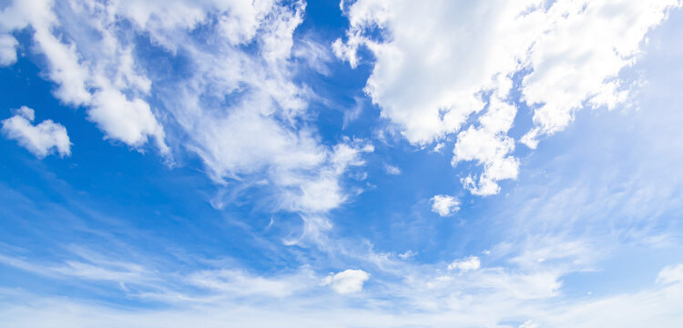 Panoramic vibrant blue sky background with soft white clouds and bright daylight for natural backdrop and clean outdoor design