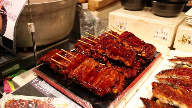 Grilled Unagi Eel Skewers and Tamago Sushi at Kuromon Market Osaka