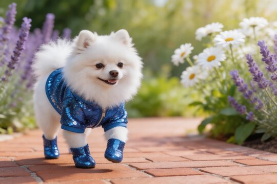 White fluffy dog in blue outfit on brick path