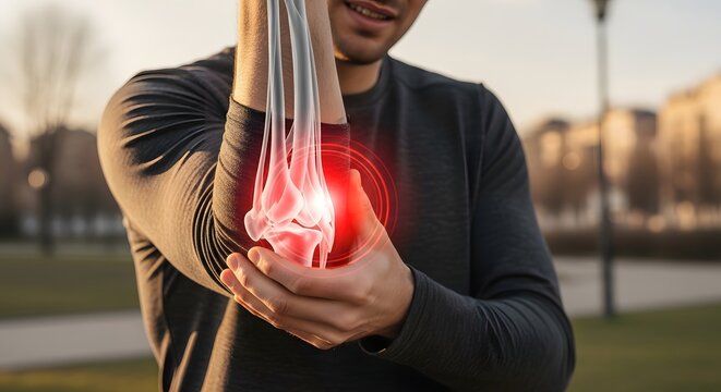 Elbow joint pain and tendonitis during exercise. Sports injury and orthopedic recovery. Man holding his pained elbow with a glowing bone structure