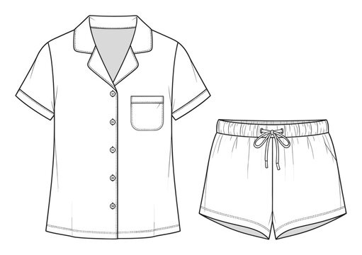 Comfortable women pajama set with short sleeve shirt and elastic drawstring shorts template