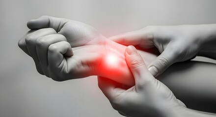 Fototapeta premium Carpal tunnel syndrome and wrist joint inflammation. Repetitive strain and hand health care. Close up of hands holding a pained wrist with a red glow
