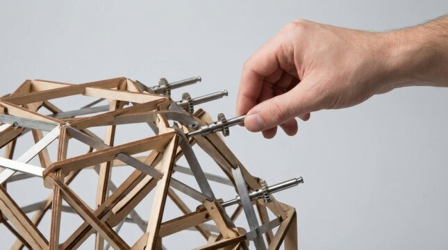 Human hand holding a wooden structure to represent support and stability in building and structural engineering concepts