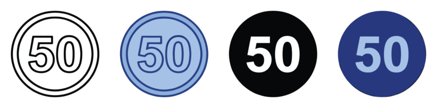 Circular icons displaying the numeral fifty in various styles for speed limits or values