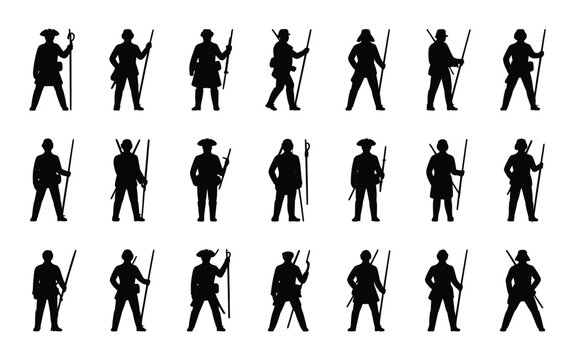 Collection of 20 black silhouette icons of minutemen in various poses with muskets and rifles on white background for patriotic designs