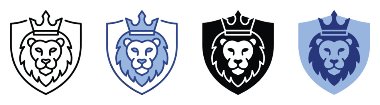 Lion head with crown inside shield emblem for royal branding and powerful identity designs