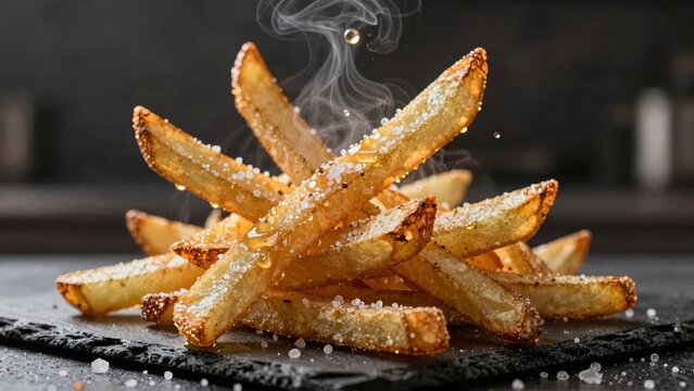 Hot Crispy French Fries with Salt on Black Slate Background
