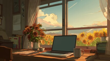 Fototapeta premium Cozy Anime Study Corner: Laptop on Desk, Sunflower Field View, Warm Sunlight Through Window