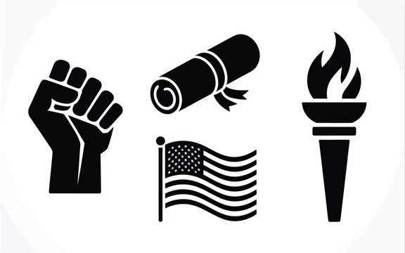 Black flat design icons of raised fist diploma torch and american flag on white background symbolizing freedom education and patriotism