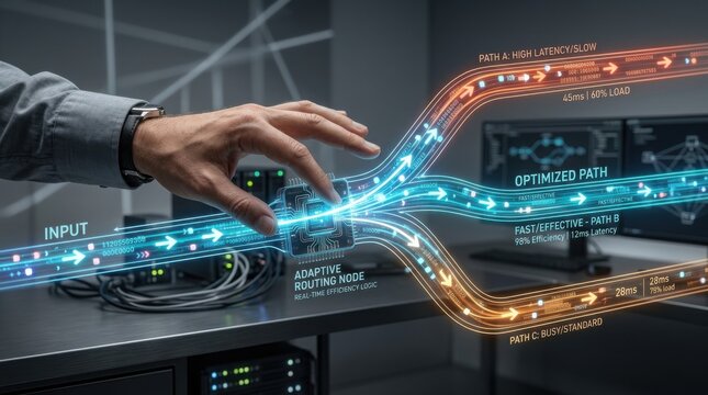 Person's hand engaging with a futuristic digital interface representing adaptive routing logic and technology innovation