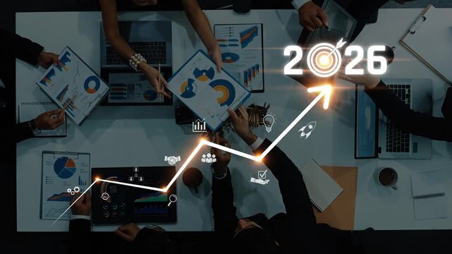 A dynamic business meeting scene showing diverse professionals collaborating on charts and graphs, focusing on growth strategy and projections for 2026. Raster
