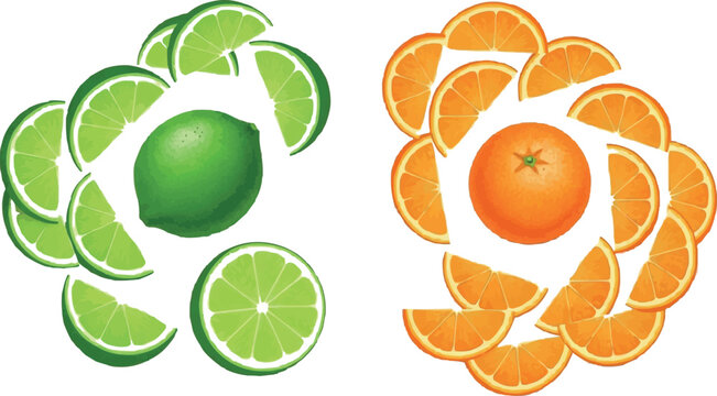 Fresh Lime and Orange Slice Arrangement Collection with Citrus Fruit Elements for Healthy Food and Summer Designs