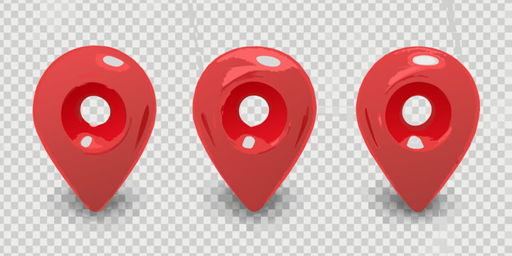 Three red 3d map markers with transparent background location pin icons for travel and points of interest